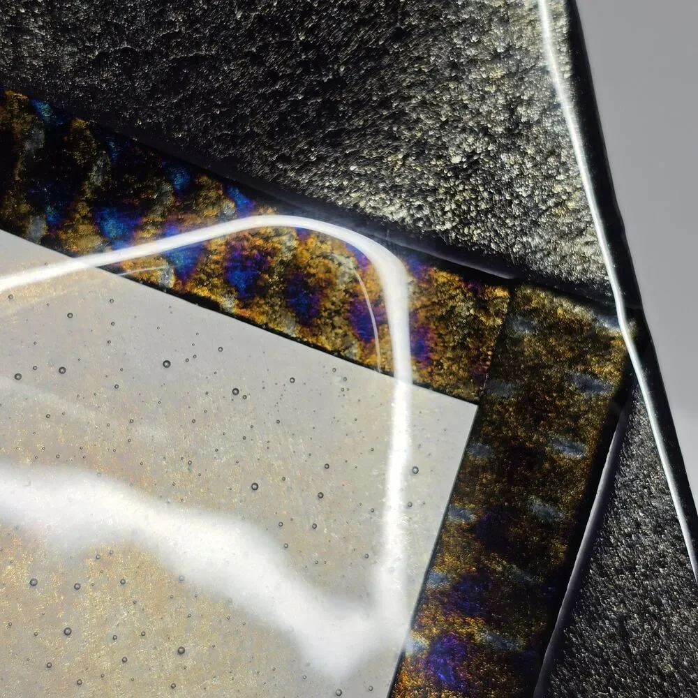 Chris Paulson Fused Art Glass Trinket Tray Plate Signed Dichroic Iridescent